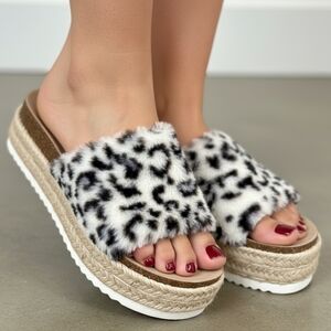Dolce Vita ILENIA Leopard Print Faux Fur Espadrille Platform Slides 11 NWOB